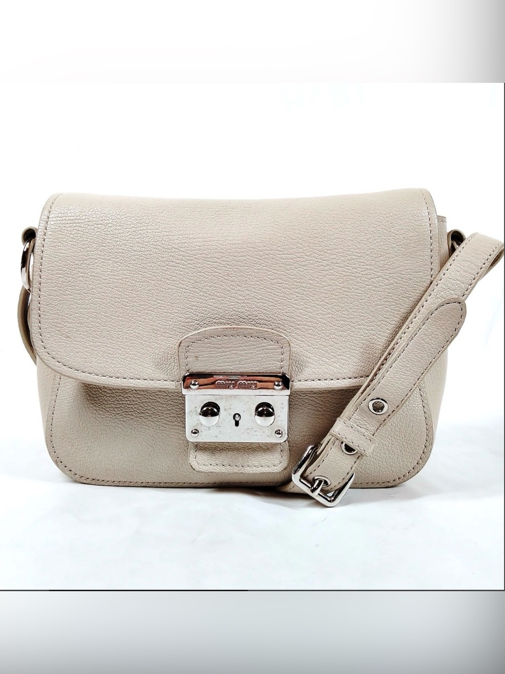 Miu Miu Vitello off white leather crossbody shoulder bag silver-tone hardware.